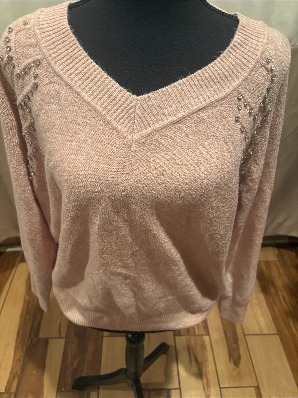 Express Light Pink V-Neck Sweater with Shoulder Embellishments